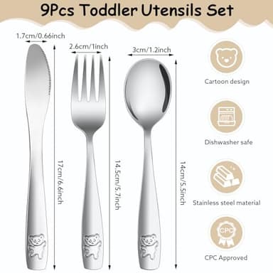 9 Piece Stainless Steel Kids Silverware Set,Toddler Utensils,Child and Toddler Flatware,Kids Utensil Set,Children Safe Forks, Spoons and Knives,Mirror Polished, Dishwasher Safe - Image 3