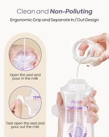 Nuliie 150pcs Temp-Sensing Breastmilk Storage Bag, Huge Temp-Sensing Icon & Locking Clamp, 6oz Breast Milk Storage Bags Freezer Pour Spout, Self Standing Milk Storage Bags Breastmilk, BPA-Free No-Leak - Image 5