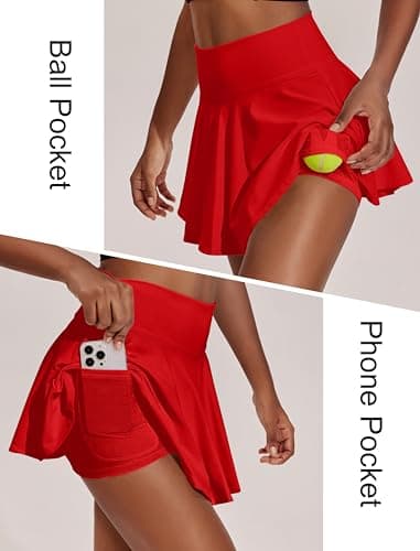 PINSPARK Tennis Skirts for Women Tummy Control Golf Skort with Shorts 14" A Line Sport Skirt, Red Large - Image 2