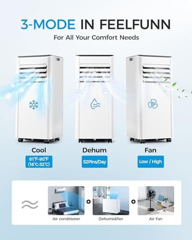 Feelfunn 8000 BTU Portable Air Conditioner - Cools 350 Sq.Ft Quickly, 3-in-1 AC Unit with Remote, 24H Timer, Quiet Operation & Window Kit for Bedrooms Apartments Offices Dorms - Image 3