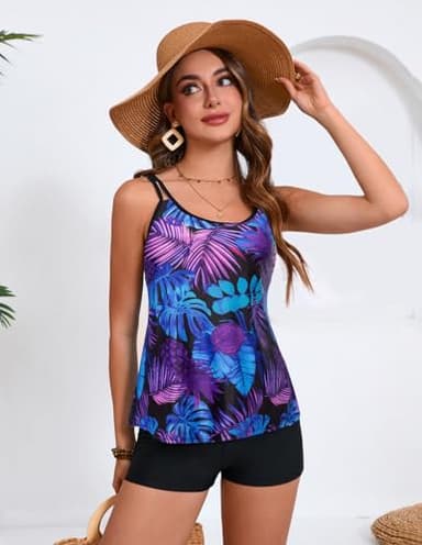 Hanna Nikole Plus Size Swimsuit for Women V Neck Padded Swim Top with High Waits Boyshort Purple Print 16 Plus - Image 2