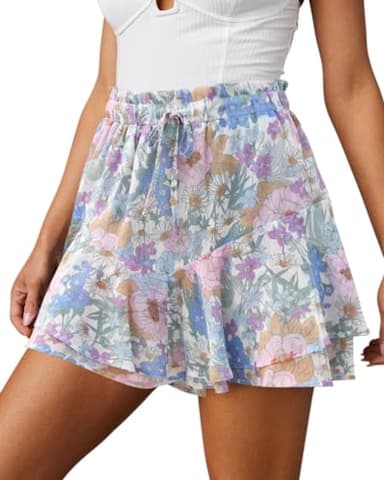 Aoudery Flowy Shorts for Women Casual Boho Floral Skorts Ruffle Mini Skirts Running Tennis Butterfly Chiffon Shorts- Floral Pink M - Image 1