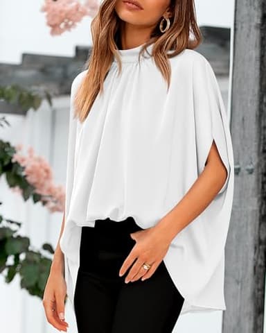 BTFBM Womens Summer Tops 2025 Fall Mock Neck Batwing Sleeve Shirts Loose High Low Hem Oversized Dressy Casual Blouses(White, Large) - Image 8