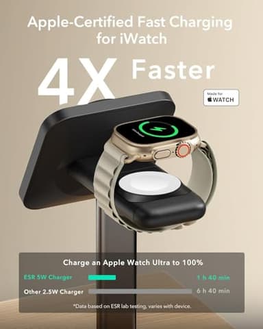 ESR Qi2 3 in 1 Wireless Charging Station, [Certified] Apple Watch Charger & 15W Qi2 MagSafe Charger Stand for iPhone, Wireless Charger for Multiple Devices iPhone 17/16/15/14/13&Watch&AirPods,Black - Image 4