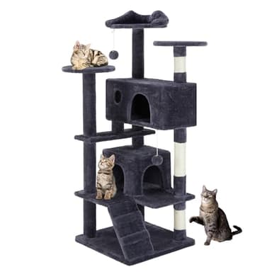 DUMOS 54-inch Indoor Cat Tree Tower –Multi-Level Pet House for Large Cats with 2 Condos, Scratching Posts, Round Platform, Small Ladder, and Toys – Perfect for Cats of All Ages, Dark Grey - Image 1