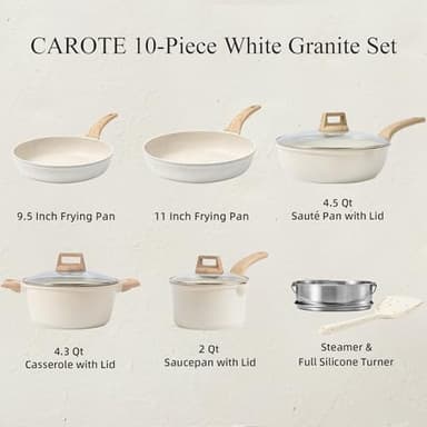CAROTE Pots and Pans Set Nonstick, White Granite Induction Kitchen Cookware Set, 10 Pcs Non Stick Cooking Set w/Frying Pans & Saucepans(PFOS, PFOA Free) - Image 2