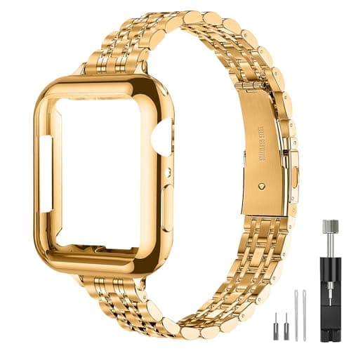 QUNDAXI Gold Watch Band Compatible with Apple Watch 41mm 45mm 42mm 44mm 40mm 38mm Metal Stainless Steel Watchband Suitable for iWatch 9/8/7/6/5/4/3/2/1/SE Series Women Luxury Strap (42mm 44mm 45mm) - Image 1