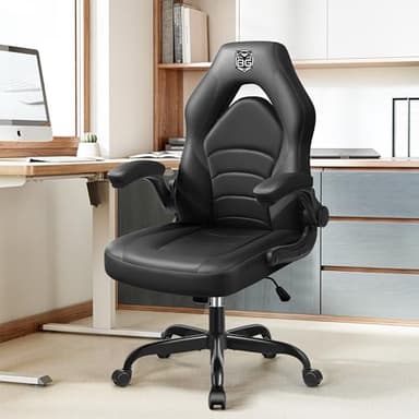 BestGlory Gaming Chair, Leather High-Back Home Office Desk Chair with Flip-Up Arms, Ergonomic Padded Rolling Wheels Swivel Tilt Gamer Computer Chair with Comfy Lumbar Support, Height Adjustable, Black - Image 7