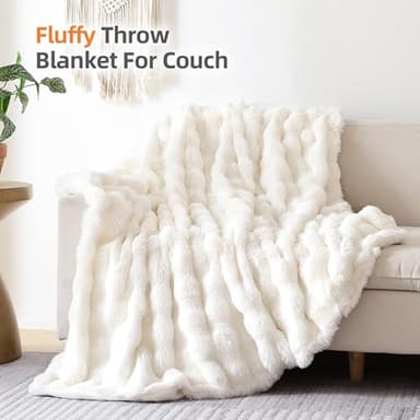 Smoofy Faux Fur Throw Blanket for Couch – Cream White Fluffy Cozy Rabbit Fleece, Plush Soft Bubble Blanket for Sofa & Bed, for Mom, Warm Fuzzy Home Room Decor Throw 50" x 60" - Image 3