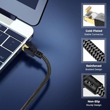 CABNEER Cat 8 Ethernet Cable 60FT, High-Speed Braided Internet Cable Network Cord with Gold Plated RJ45 Connector 40Gbps 2000Mhz Heavy Duty LAN Cable Shielded Indoor - Image 4
