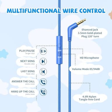 Kids Headphones for School, 85/94 dB Volume Limit, Wired Over Ear Headphones for Kids Boys Girls with Microphone, Foldable Stereo Sound 3.5mm Wired Cord for Kindle Tablet Airplane Travel, Blue - Image 6