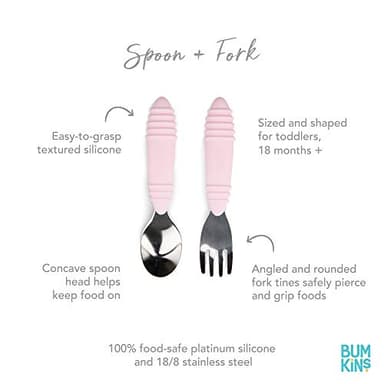 Bumkins Toddler Utensils, Kids Fork and Spoon Set, Silicone and Stainless-Steel Silverware, Angled Forks / Sporks for Self-Feeding, Children Training Flatware Cutlery for 18 Months Up, Pink - Image 2