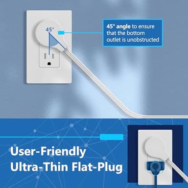 LIDER Outlet Extender with 6 Receptacles, USB-A and 2 USB-C, Ultra-Thin Flat-Plug with Cord Extender, 6-Outlet Power Strip, Slim Angled Design, Surge Protector, 1500 Joules, 5ft Cord, UL-Listed, White - Image 8