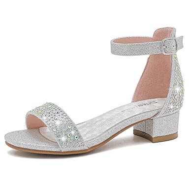 Dufannie Kid Heels for Girls Dress Shoes Size 4 Silver Girls Sandals Low Heel Flower Girl Shoes Wedding Party Pageant Easter Sparkly Open Toe Big Kids High Heels Pumps Shoes(3603Silver 4) - Image 1
