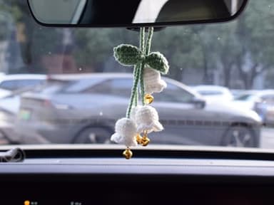 Aiouclay Handmade White Lily of The Valley Car Charm - Knitted Floral Rearview Mirror Pendant & Keychain for Women, Mothers Day Gifts, Home & Auto Decor (Elegant White, Adjustable Length) - Image 3