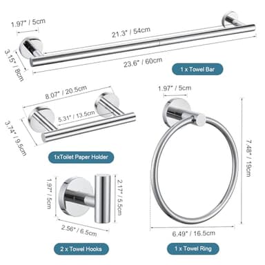 TURS Polished 5 Piece Bathroom Hardware Set, 24 Inch Bath Towel Bar Set, Round Bathroom Accessories Kit Wall Mounted SUS304 Stainless Steel - Image 7