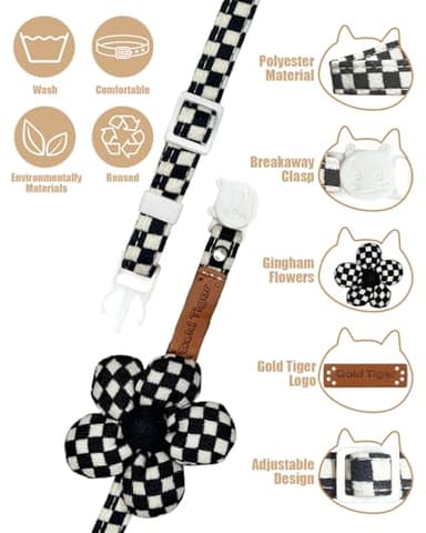 GoldTiger Stylish Black and White Checkered Cat Collar with Flower - Breakaway Safety Collar and Adjustable Size 7.09-12.6 inches for Small to Medium Cats (Black) - Image 2