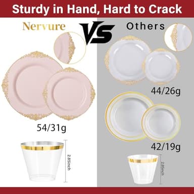 Nervure 175PCS Pink Plastic Plates - Disposable Pink Gold Party Plates & Pre Rolled Napkins with Cutlery for 25 Guests, 50Plates, 75Silverware, 25Cups, 25Napkin for Wedding & Party - Image 3