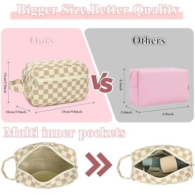 LEDAOU 2Pcs Travel Makeup Bag Cosmetic Bag Small Corduroy Makeup Pouch with Zipper Cute Travel Toiletry Essentials for Women Teen Girls (Brown Checkerboard) - Image 3