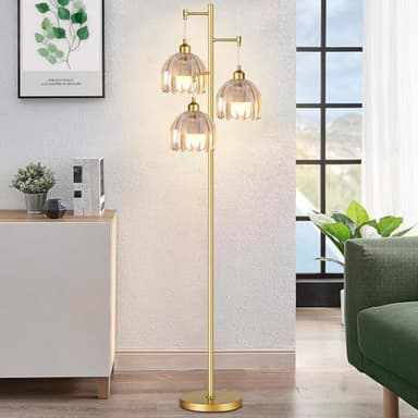 QIYIZM Gold Floor Lamp for Living Room,Bedroom,Tree 3 Light Standing Lamp Mid Century Modern Brass Tall Floor Lamps Vintage Retro Floor Lights Glass Flower Amber Lamp Shade Farmhouse Boho Bohemian - Image 6