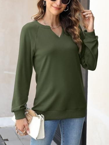EADINVE Women Casual Long Sleeve V Neck Sweatshirts Cute Loose Fit Lightweight Pullover Tops Army - Image 5