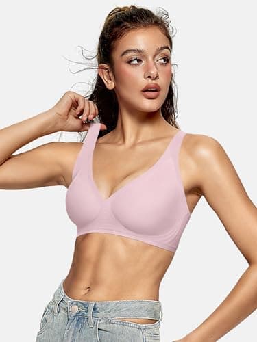 OEAK Womens Deep V Bras Wireless Comfortable Bra Supportive No Underwire Bras Tshirt Push Up Bralettes Plunge Seamless Bra 2XL Pink - Image 5