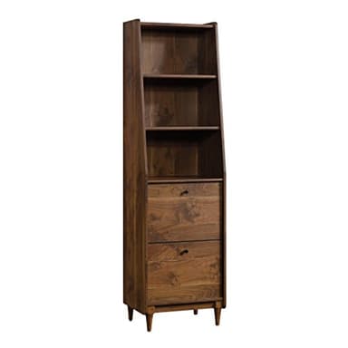 Sauder Harvey Park Tall Bookcase with Drawers, Mid-Century Modern Design, Narrow Bookcase - Grand Walnut Finish - Image 1