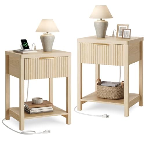Lulive Night Stand Set 2, Fluted Nightstand with Charging Station, Wood Modern Bedside End Table with Storage Drawer for Bedroom, Save Space (Set of 2, Natural Oak) - Image 1