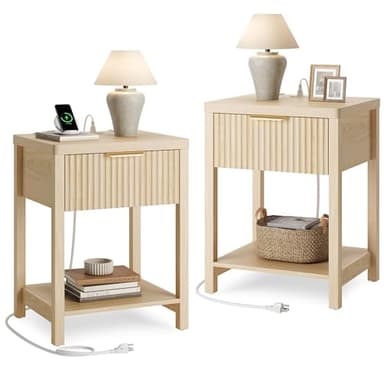 Lulive Night Stand Set 2, Fluted Nightstand with Charging Station, Wood Modern Bedside End Table with Storage Drawer for Bedroom, Save Space (Set of 2, Natural Oak) - Image 1