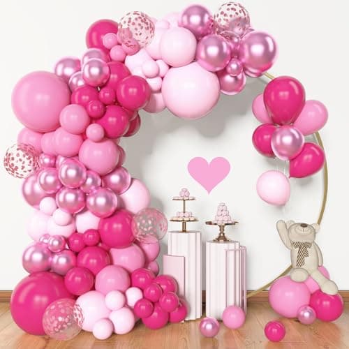 Amandir 153pcs Pink Balloon Garland Arch Kit, Different Sizes 18 12 10 5 inch Hot Pink Latex Metallic Confetti Pink Balloons for Birthday Princess Wedding Baby Shower Party Decorations - Image 1