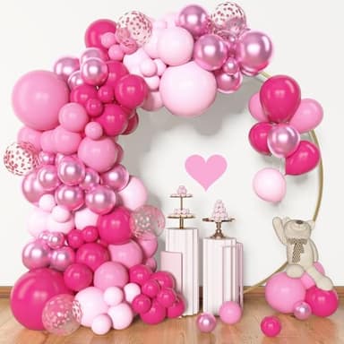 Amandir 153pcs Pink Balloon Garland Arch Kit, Different Sizes 18 12 10 5 inch Hot Pink Latex Metallic Confetti Pink Balloons for Birthday Princess Wedding Baby Shower Party Decorations - Image 1