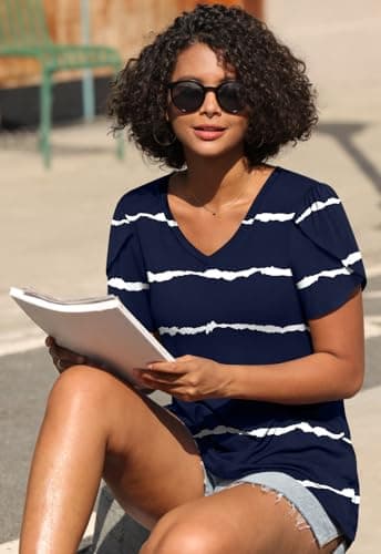 CATHY Womens Tops Summer Casual Short Sleeve V-Neck Blouses Tunic for Leggings 2025 Navy Blue Stripe Large - Image 4