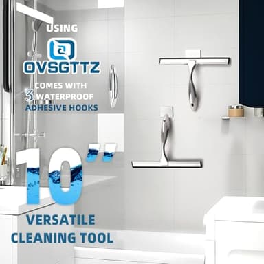 OVSGTTZ Shower Squeegee for Glass Door with 3 Adhesive Hook, Stainless Steel Glass Cleaning Squeegee for Bathroom & Household Window, Mirrors, Tiles and Car, 10 Inches, Clear, Silver - Image 7