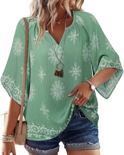 Bebonnie Ladies Tunic Tops and Blouses: 3/4 Sleeve Dressy Casual V Neck Boho Tops - Summer Linen Beach Vacation Clothes - Fancy Blouses for Women Elegant Light Green XXL - Image 1