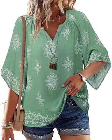 Bebonnie Ladies Tunic Tops and Blouses: 3/4 Sleeve Dressy Casual V Neck Boho Tops - Summer Linen Beach Vacation Clothes - Fancy Blouses for Women Elegant Light Green XXL - Image 1