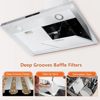 Range Hood 30 Inch, Kitchen Hood 265 CFM, Stainless Steel Vent Hood With Touch Control, Stove Hood With 3-Speed Exhaust Fan, Adjustable Chimney & LED Light, Silver - Image 6