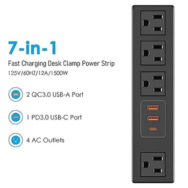 CCCEI Desk Clamp Power Strip with 45W USB-C Ports, Desktop Mount Surge Protector 1200J, Widely Spaced Desk Outlet Station, Fast Charging, 10 FT Flat Plug, Fit 1.9 inch Tabletop Edge. - Image 3