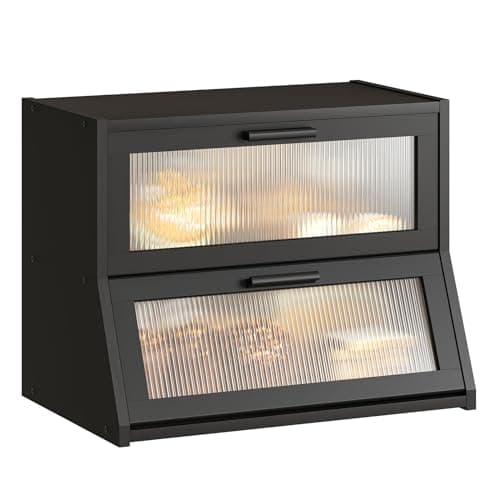 GHWIE Double Layer Bamboo Bread Box for Kitchen Counter,Large Capacity Bread Storage Bin,Bread Container with Acrylic Wavy Door Panel (Black, Medium) - Image 1