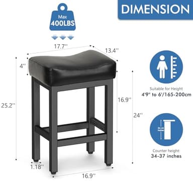 Raynesys Counter Height Bar Stools Set of 2, 24 Inch Barstools for Kitchen Island Counter, Bonded Leather Kitchen Stools with Thick Saddle Seats & Heavy Duty Metal Base, Easy Assembly, All Black - Image 2