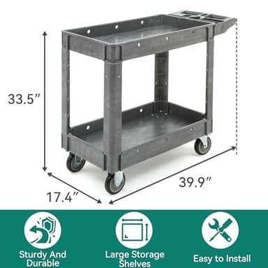 YITAHOME Utility Cart on Wheels, 550 lbs Capacity Service Cart, 40 x 17 Inch Rolling Work Carts, 2 Shelf Heavy Duty Plastic Cart Suitable for Warehouse, Garage, School & Office, Cleaning, Gray - Image 3