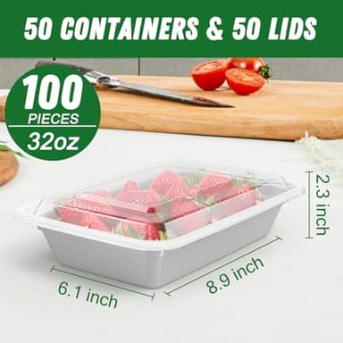 50 Pack (100-Piece) 32 oz Meal Prep Containers Reusable with Easy Open Lids, Sturdy Leakproof Food Safe, Microwave Freezer Dishwasher Safe, To Go Take Out Plastic Food Storage Pans with Lids, Silver - Image 2