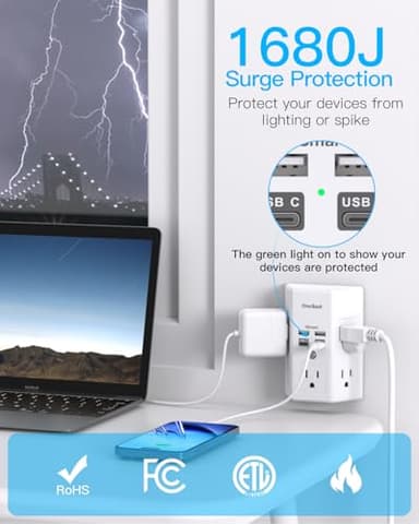 One Beat 1680J 3 Side Power Strip Multi Plug Expander, Surge Protector, 5 Outlets Extender, 4 USB Ports (USB C), Wall Mount Charger, Outlet Splitter Adapter for Home, Travel, Office, ETL Listed, White - Image 5