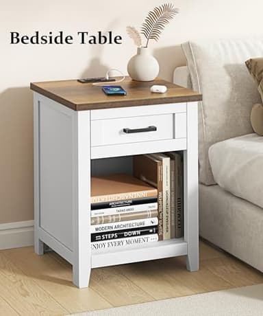 Decofy Farmhouse Nightstand with Charging Station & Large Storage, Set of 2 Modern End Tables with Outlets, USB Ports and Type-C Ports, Easy Assembly for Bedroom (Pure White + Walnut) - Image 7