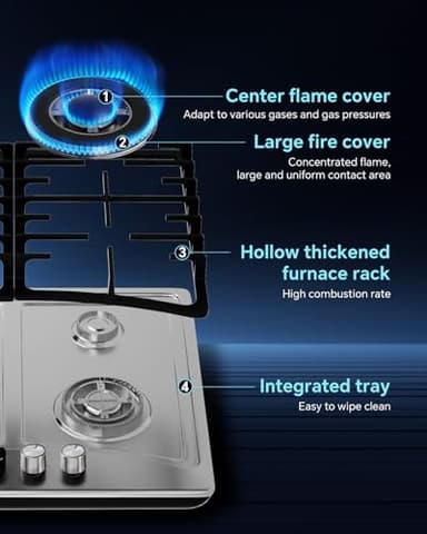 Ranein 5-Burner Gas Cooktop, 34-Inch Gas Stove Top Compatible with Thermocouple Protection, Built-in Gas Stove, 304 Stainless Steel Panel, Compatible with NG&LPG for Apartment and Indoor - Image 3