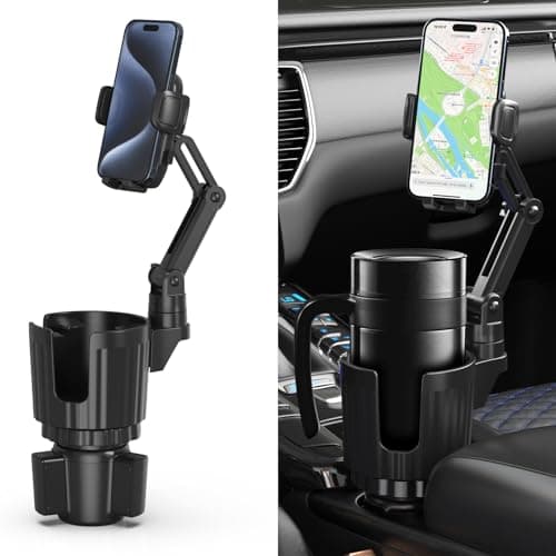 Phone Holders for Your Car, 2 in 1 Universal Cup Holder Expander Adjustable Base with Phone Mount, Long Arm with 360°Rotation Cup Holder Phones Mount for Car Compatible with All Smartphones - Image 1