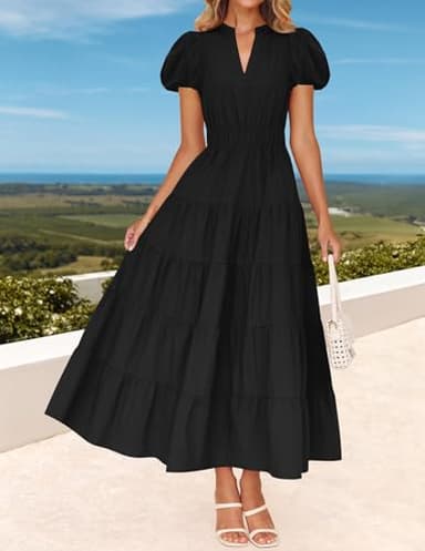 ZESICA Women's Summer Casual Maxi Dress 2025 Puff Short Sleeve V Neck Ruffle Tiered Flowy Boho Beach Dresses,Black,Medium - Image 7