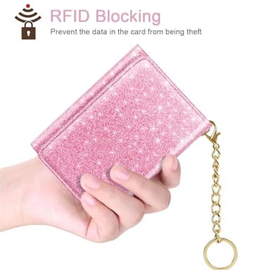 Trifold Small RFID Blocking Wallet Pocket Cute Short Slim Sparkling Credit Card Holder Leather Keychain Ladies Mini Purse with ID Window, Glitter Peach - Image 4