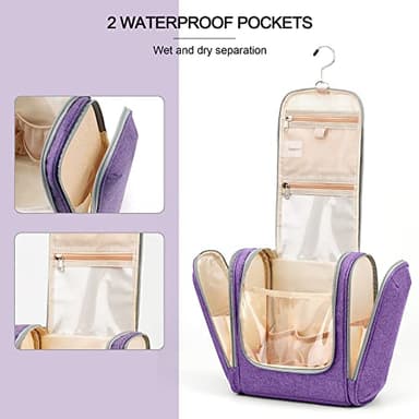 Extra Large Toiletry Bag for Women and Men, 6 Organizer Compartments, Holds Full Size Shampoo, with Hanging Hook Cosmetic Bag, Travel Makeup Bag, Bathroom Water-resistant Toiletries Bag, Purple - Image 6