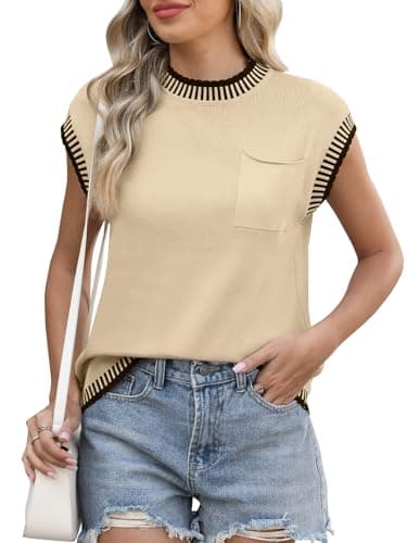 AFVETUT Womens Cap Sleeve Knit Sweater Sleeveless Vest 2025 Summer Spring Mock Neck Casual Pullover Tank Tops Shirts Apricot - Image 1