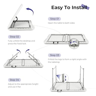 Byliable Folding Table 4 Foot Portable Heavy Duty Plastic Fold-in-Half Utility Table Small Indoor Outdoor Adjustable Height Folding with Carrying Handle, Camping and Party,White - Image 5